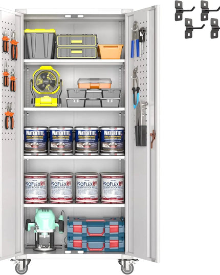 Metal Storage Cabinet, Large, White, Lockable, Wheels, Pegboard, 4 Adjustable Shelves, Assembly