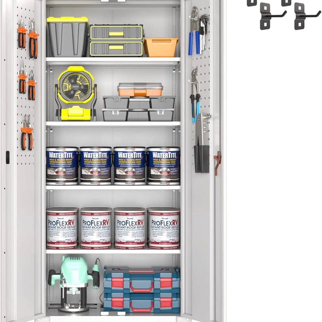 Metal Storage Cabinet, Large, White, Lockable, Wheels, Pegboard, 4 Adjustable Shelves, Assembly