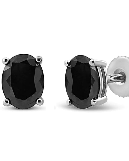 .925 Sterling Silver Prong Set Treated Black Oval Diamond Stud Earring (Black Color, I2-I3 Clarity)