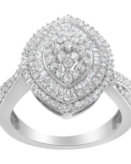 .925 Sterling Silver 1.0 Cttw Round & Baguette-Cut Diamond Marquise-Shaped Ring (I-J Color, I2-I3 Clarity)