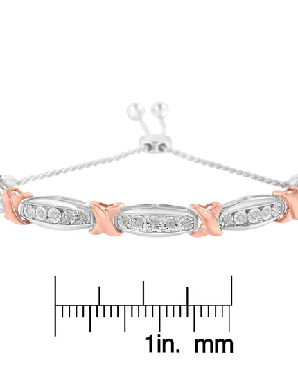 .925 Sterling Silver 1/4 Cttw Round-Cut Diamond X & Tapered Bar Miracle-Set Bolo Bracelet (I-J Color, I3 Clarity) - Two Tone Rose Gold & Silver