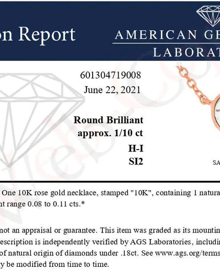 AGS Certified 10K Gold Bezel Set Round Diamond Solitaire 16-18" Adjustable Pendant Necklace (H-I Color, SI1-SI2 Clarity)