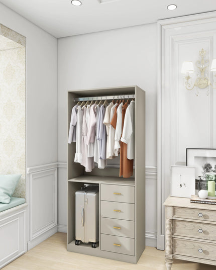 Grey Walk-In Closet Organizer System – 4 Drawers, Shelves, Hanging Rod with Metal Handles, 31.5"W × 15.7"D × 70.8"H
