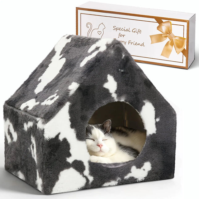 Cozy Winter Cat House, Covered Cat Cave Bed – Plush Washable Hideaway for Indoor Cats, Grey