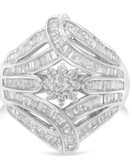 .925 Sterling Silver 1-1/8 Cttw Round & Baguette Diamond 'Flower & Fern' Cluster Cocktail Fashion Ring (I-J Color, I2-I3 Clarity)