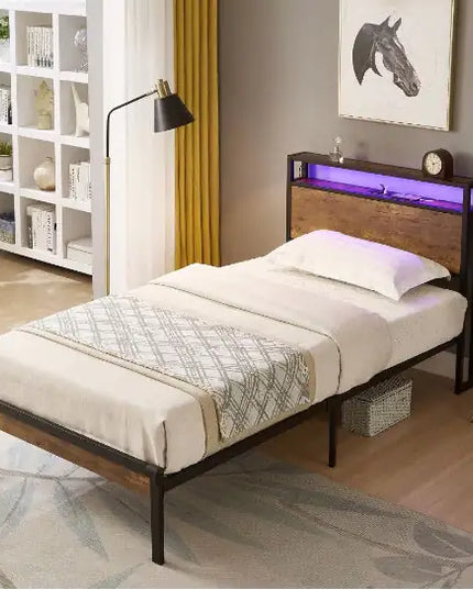 Metal Platform Bed Frame, Full Size, Wooden Headboard & Footboard, USB Ports, No Box