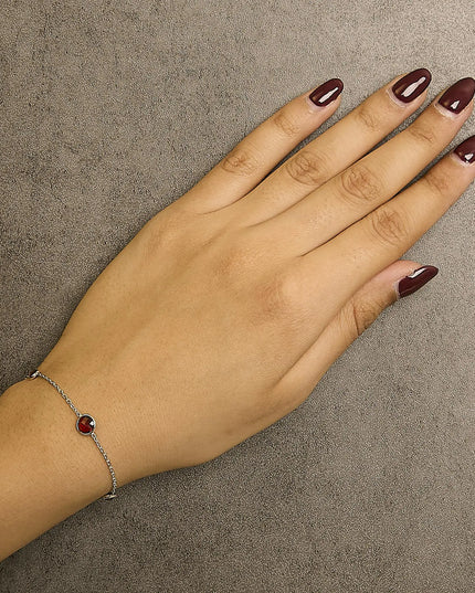 .925 Sterling Silver Bezel Set Red Garnet 5 Station Adjustable Bolo Bracelet