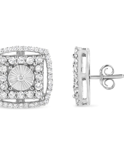.925 Sterling Silver 1.0 Cttw Round Diamond Double Halo and Disc Stud Earring (I-J Color, I2-I3 Clarity)