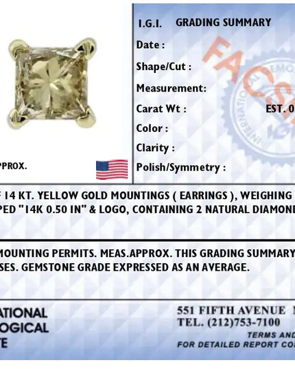 IGI Certified 14k Yellow Gold 4-Prong Set Princess-Cut Solitaire Diamond Push Back Stud Earrings (L-M Color, I1-I2 Clarity)