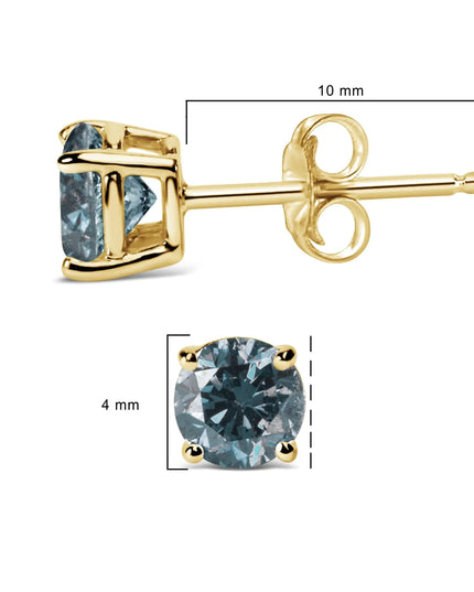 14K Gold Round Brilliant Cut Lab Grown Blue Diamond 4-Prong Classic Solitaire Stud Earrings with Pushbacks