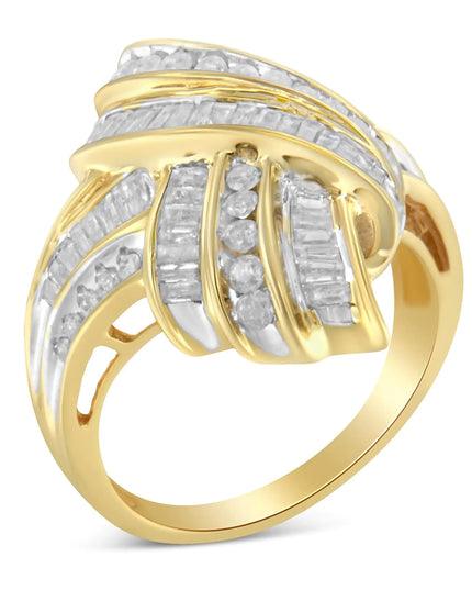 10K Yellow Gold Plated .925 Sterling Silver 1.0 Cttw Round & Baguette Diamond Knot Channel Statement Ring (I-J Color, I2-I3 Clarity)