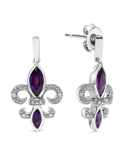 .925 Sterling Silver Marquise Cut Amethyst and Diamond Accent Fleur De Lis Dangle Stud Earrings (H-I Color, SI1-SI2 Clarity)