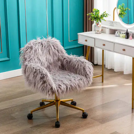 Faux Fur Office Chair, Gilded Base, White