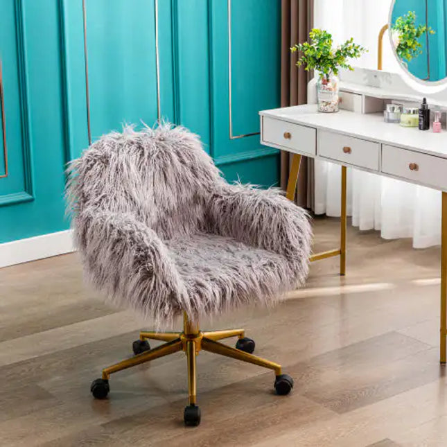 Faux Fur Office Chair, Gilded Base, White