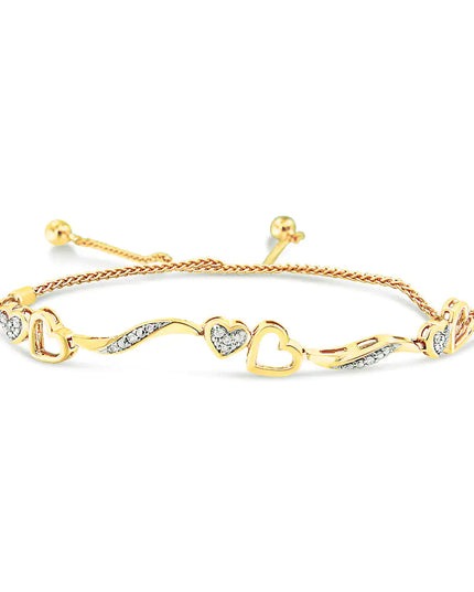 .925 Sterling Silver 1/10 Cttw Diamond Wave and Hearts 4”-10” Adjustable Bolo Bracelet (I-J Color, I3 Clarity)