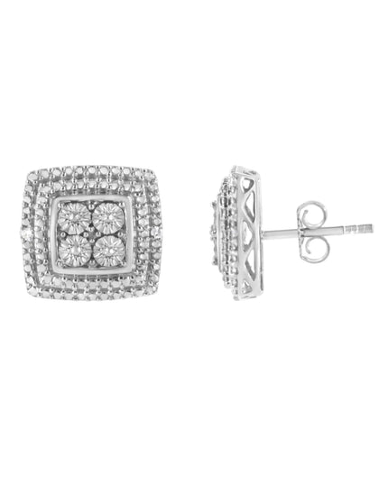 .925 Sterling Silver Diamond Accented Square Shaped Milgrain Stud Earrings (I-J Clarity, I3 Color)