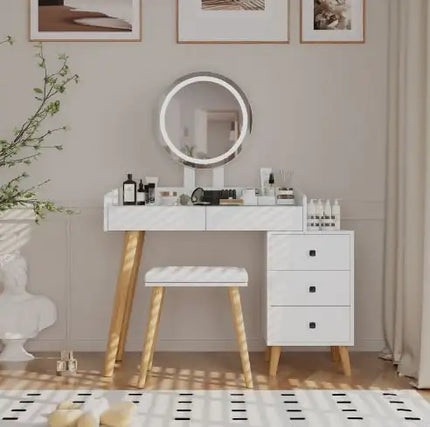 Glass Top Dressing Table With LED Lights, Extendable Side Table, 5 Drawers, Mirror, And Stool