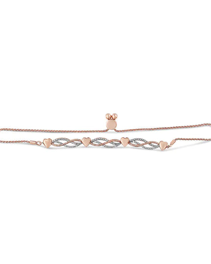 14K Rose Gold Plated .925 Sterling Silver Cttw Diamond Accent Layered Infinity Link and Heart Adjustable 4”-10” Adjustable Bolo Bracelet (I-J Color, I3 Clarity)