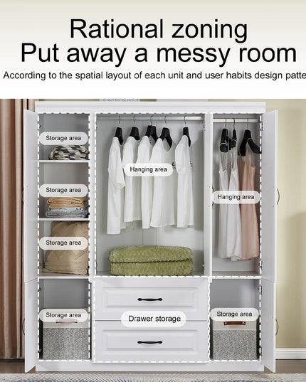 White Solid Wood Freestanding Wardrobe Closet for Clothes Storage. Bedroom Wardrobe Storage Cabinet featuring 2 Hanging Rod Shelves, 2 Drawers, and 5 Storage Compartments