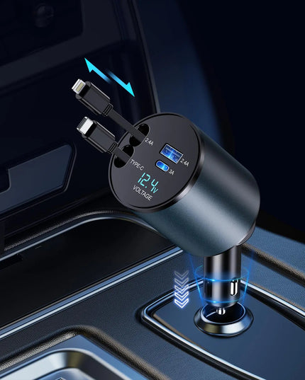 Retractable Car Charger, 4 in 1 Fast Car Phone Charger 66W, Retractable Cables and USB Car Charger,Compatible with iPhone 15/14/13/12/11,Galaxy,Pixel
