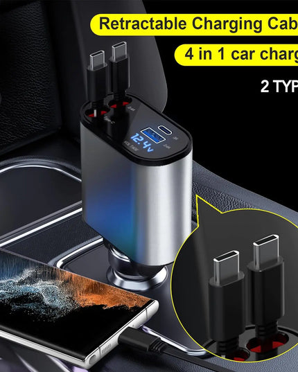 Retractable Car Charger, 4 in 1 Fast Car Phone Charger 66W, Retractable Cables and USB Car Charger,Compatible with iPhone 15/14/13/12/11,Galaxy,Pixel