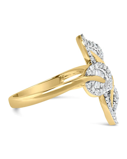 18K Yellow Gold Plated .925 Sterling Silver 1/2 Cttw Baguette and Round Diamond Bypass Triple Leaf Ring (I-J Color, I1-I2 Clarity)