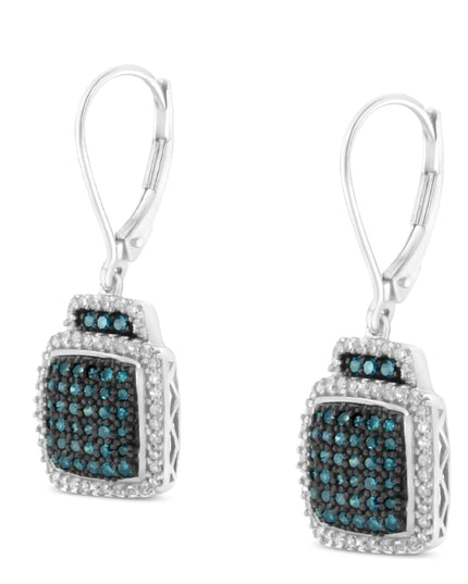 Black Rhodium over .925 Sterling Silver ¾ Cttw Blue and White Diamond Cushion Shaped Dangle Earrings (Enhanced Blue & I-J Color, I2-I3 Clarity)