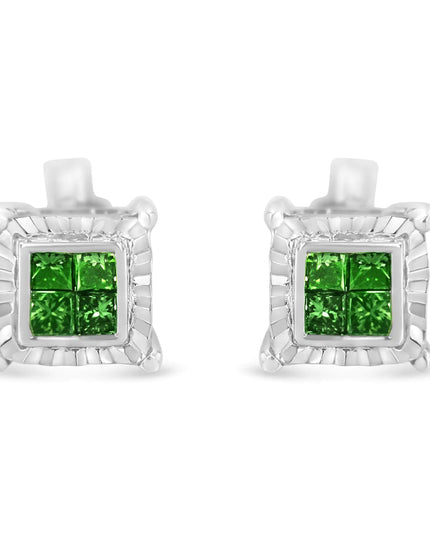 Sterling Silver Color Treated Princess Diamond Quad Stud Earring (1/2 cttw, Green Color, I1-I2 Clarity)