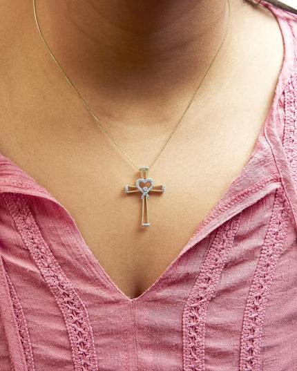 14K Yellow Gold Plated .925 Sterling Silver 1/6 Cttw Diamond Interlocking Heart and Ribbon Cross Pendant Necklace (H-I Color, I2-I3 Clarity) - 18" Inches