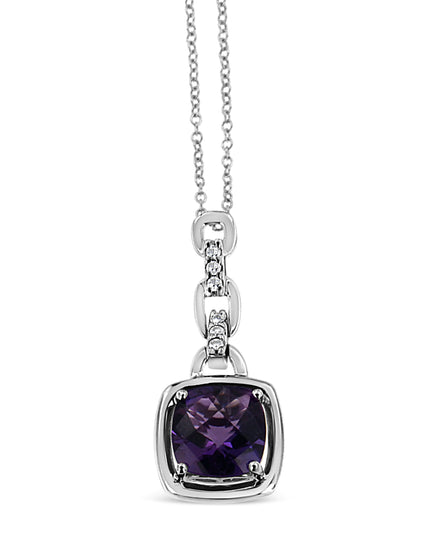 .925 Sterling Silver 6x6MM Cushion Shaped Natural Purple Amethyst and Diamond Accented Bale 18" Inch Pendant Necklace (I-J Color, I1-I2 Clarity)