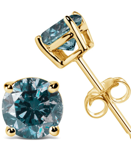 14K Gold Round Brilliant Cut Lab Grown Blue Diamond 4-Prong Classic Solitaire Stud Earrings with Pushbacks