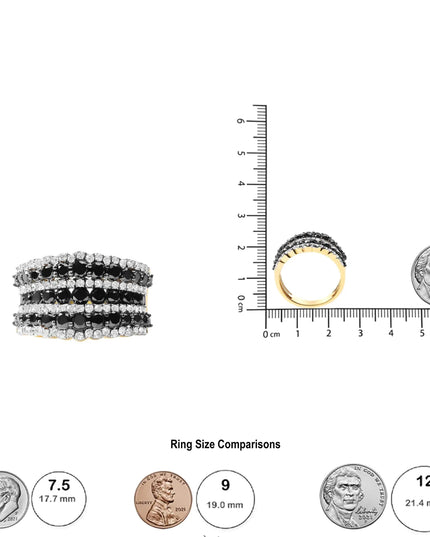 14K Yellow Gold Plated .925 Sterling Silver 1 3/4 Cttw Treated Black and White Alternating Diamond Multi Row Band Ring (Black / I-J Color, I2-I3 Clarity)
