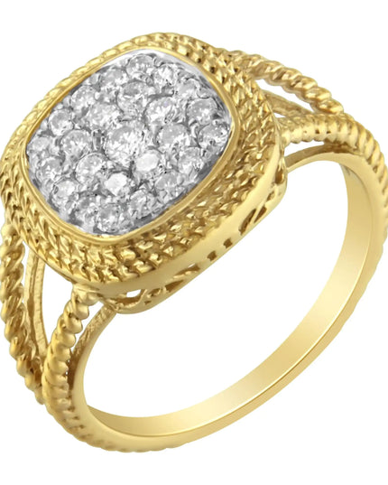 10K Yellow Gold Plated .925 Sterling Silver 1/2 Cttw Diamond Square Cushion Cluster Split Shank Cocktail Ring (J-K Color, I2-I3 Clarity)