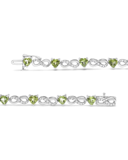 .925 Sterling Silver 1.00 Cttw Diamond and 4.00mm Lab Created Green Heart-Shaped Peridot Infinity Link Bracelet (I-J Color, I2-I3 Clarity) - 7.25"