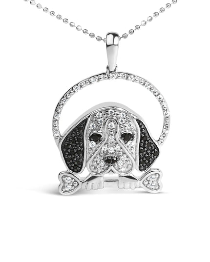 .925 Sterling Silver 1/4 Cttw White and Black Diamond Beagle Dog and Bone Pendant Necklace (I-J Color, I2-I3 Clarity) - 18" Inches