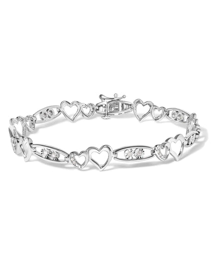925 Sterling Silver 1/5 Cttw Diamond Double Heart Link Bracelet (I-J Color, I3 Clarity) - 7.25" Inches