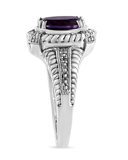 .925 Sterling Silver Prong Set Natural Oval Shape 9X7 MM Purple Amethyst Solitaire and Diamond Accent Ring (I-J Color, I1-I2 Clarity)