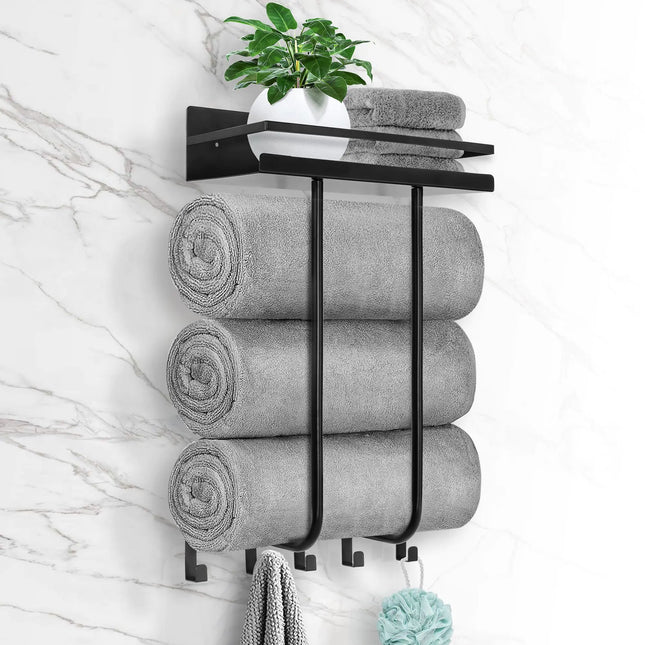 Wall-Mounted Bathroom Towel Rack with Metal Shelf and 5 Hooks – Black Towel Holder for Small Bathrooms, Bath Towel Storage & Rolled Towel Organizer