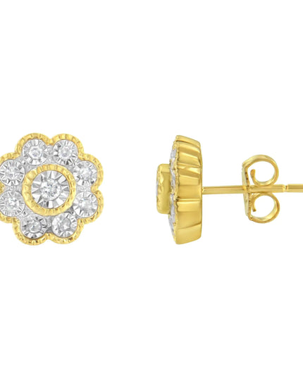 14K Yellow Gold Plated .925 Sterling Silver 1/6 Cttw Miracle-Plate Set Diamond Floral Stud Earrings (I-J Color, I2-I3 Clarity)