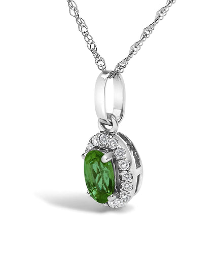 10K White Gold 5x3mm Gemstone and Diamond Accent Halo Oval Shape 18" Pendant Necklace (I-J Color, I1-I2 Clarity)