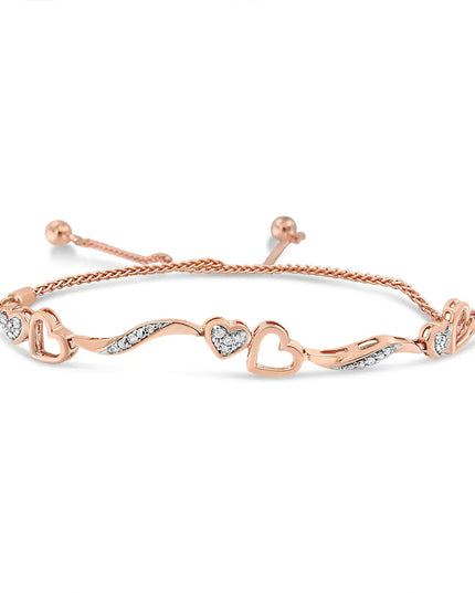 .925 Sterling Silver 1/10 Cttw Diamond Wave and Hearts 4”-10” Adjustable Bolo Bracelet (I-J Color, I3 Clarity)
