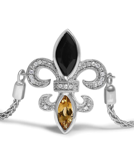 .925 Sterling Silver Marquise Black Onyx, Orange Citrine, and Diamond Accent Lariat 4”-10” Fleur De Lis Adjustable Bolo Bracelet (I-J Color, I1-I2 Clarity) - 7"