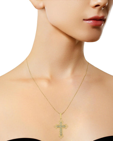 10K Yellow Flashed .925 Sterling Silver 1/4 Cttw Champagne Diamond Filigree Cross Pendant Necklace (K-L Color, I1-I2 Clarity) - 18"