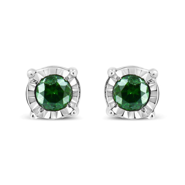 Sterling Silver Rose Cut Treated Green Diamond Solitaire Stud Earrings (0.25 cttw, Green Color, I2-I3 Clarity)