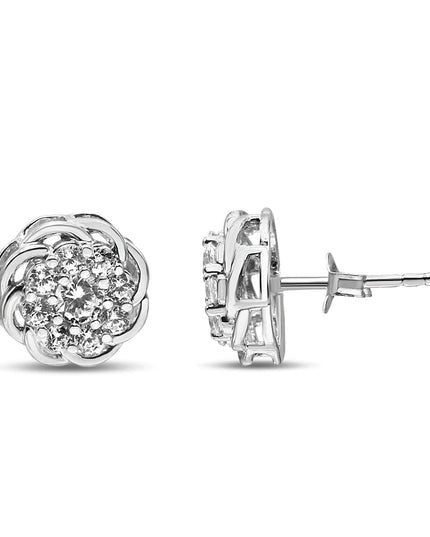 .925 Sterling Silver 1/2 Cttw Round Diamond Cluster Openwork Floral Halo Stud Earrings (I1-I2 Clarity, I-J Color)