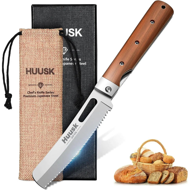 Huusk Folding Bread Knife – Portable 440C Stainless Steel Knife with Wavy Edge for Bread, Steak, and Tomatoes