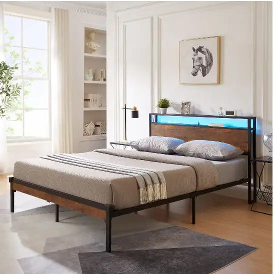Metal Platform Bed Frame, Full Size, Wooden Headboard & Footboard, USB Ports, No Box