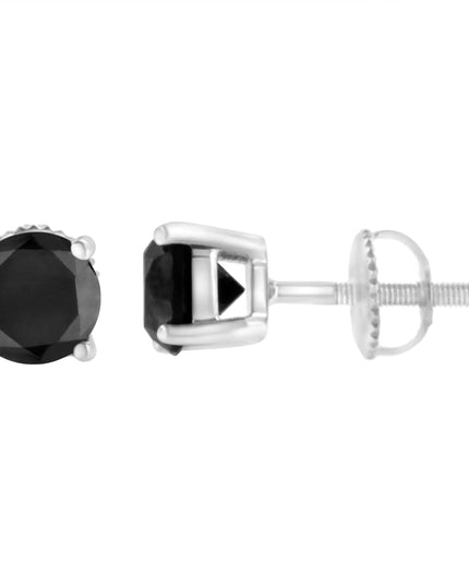 .925 Sterling Silver Round Brilliant-Cut Black Diamond Classic 4-Prong Stud Earrings with Screw Backs (Fancy Color-Enhanced, I2-I3 Clarity)