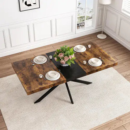 Rectangular Stretch Dining Table, Antique Wood Top, Black Relief Plate, Fine Sand Cross Iron