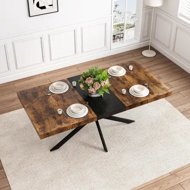 Rectangular Stretch Dining Table, Antique Wood Top, Black Relief Plate, Fine Sand Cross Iron